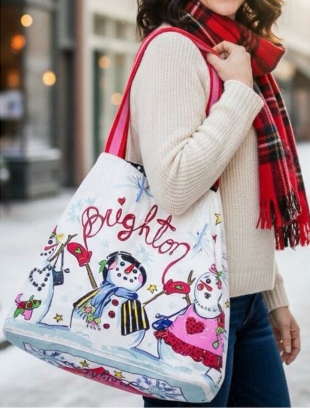 Brighton Cream Canvas Tote with Pink and Red Accents